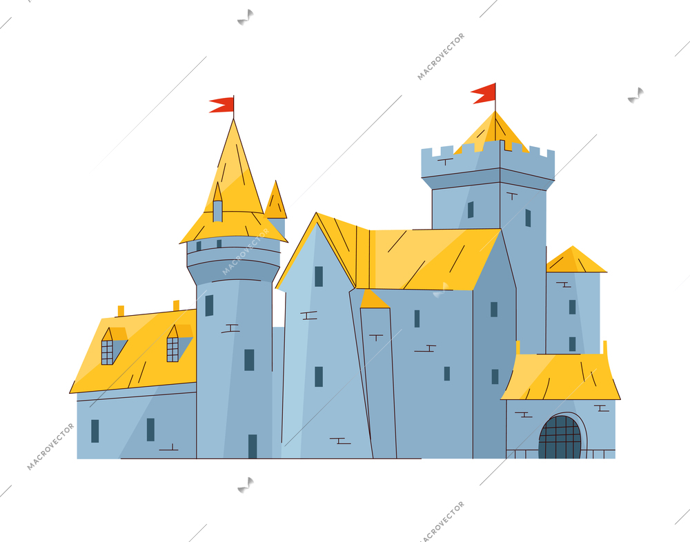 Medieval kingdom dragon composition with flat isolated image of fairy tale building on blank background vector illustration