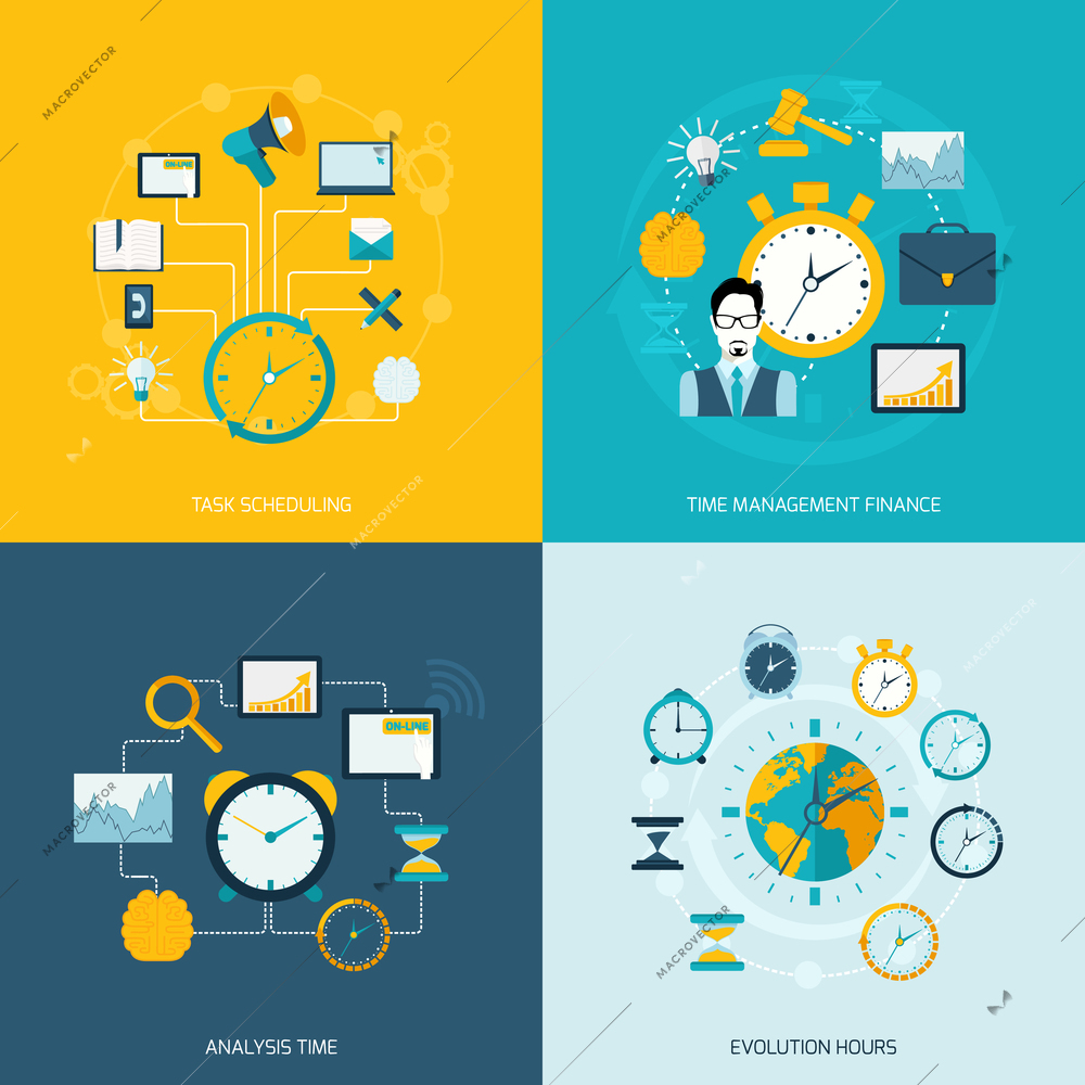 Time management flat icons set with task scheduling time management finance analysis evolution hours isolated vector illustration