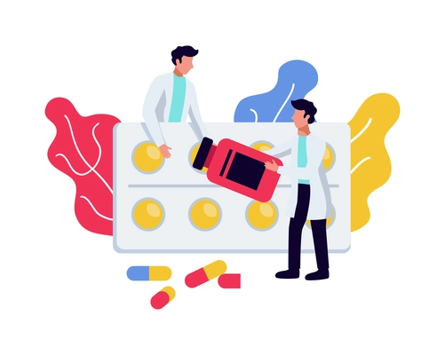 Pharmaceutic laboratory research chemistry scientists composition with human characters and lab equipment vector illustration