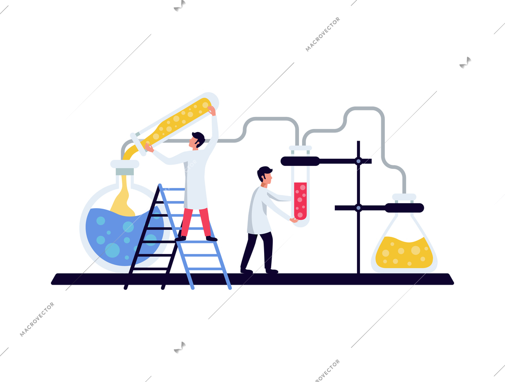 Pharmaceutic laboratory research chemistry scientists composition with human characters and lab equipment vector illustration