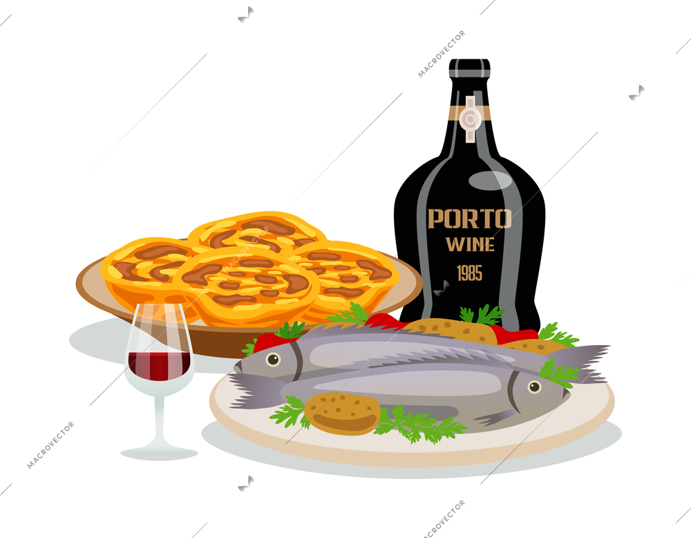 Portugal tourism travel composition with traditional food and drinks flat images isolated vector illustration