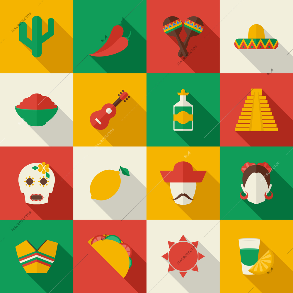 Mexico travel symbols flat icon set with mask lemon people isolated vector illustration