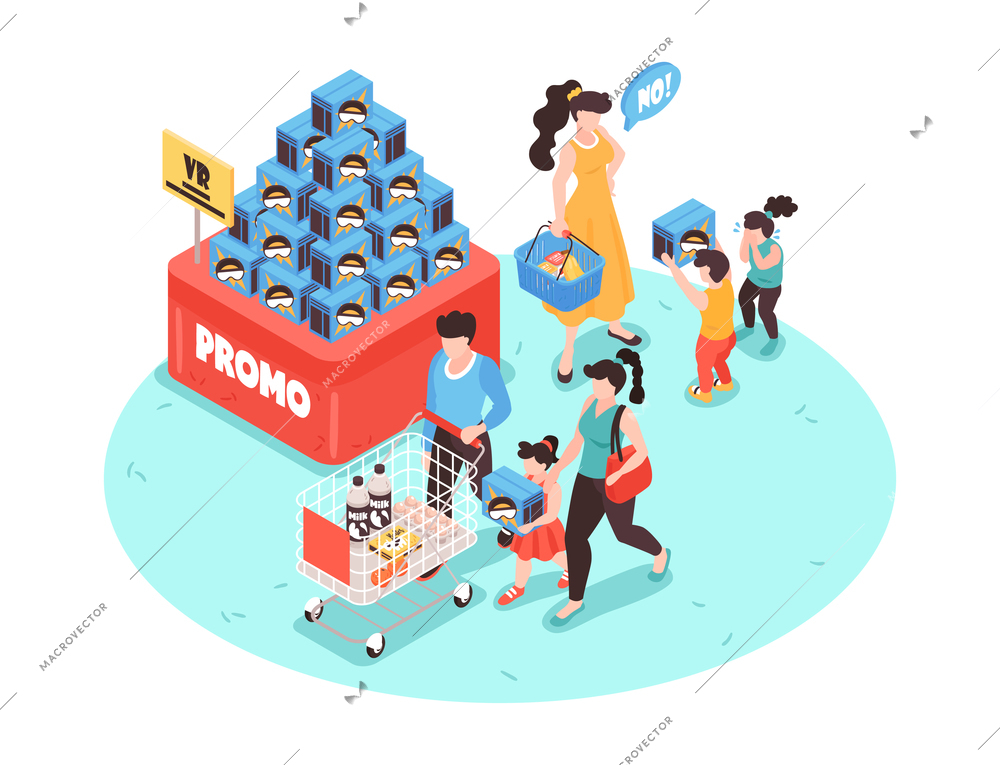 Isometric supermarket composition with view of self service store section with goods and people vector illustration