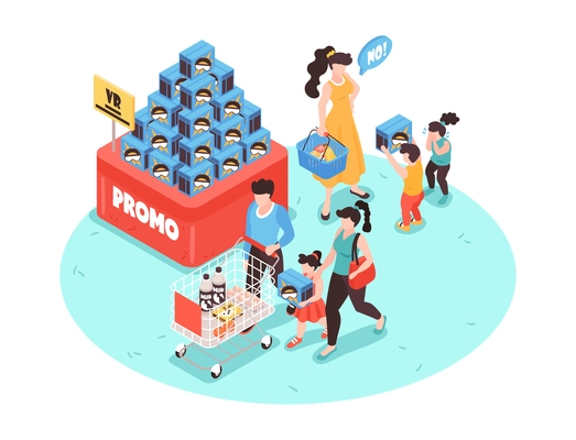 Isometric supermarket composition with view of self service store section with goods and people vector illustration