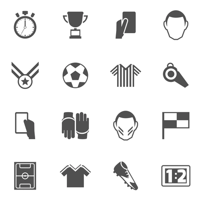 Soccer icons black set with football player ball field cup isolated vector illustration