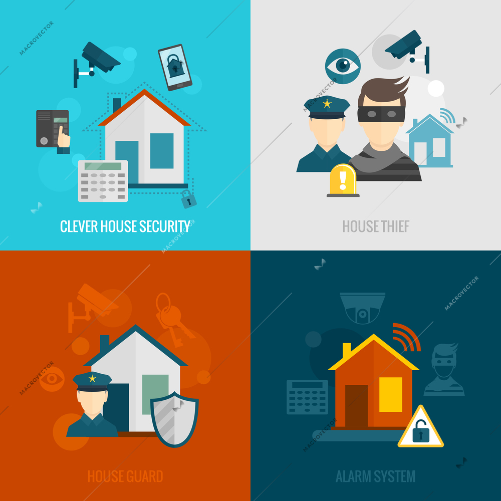 Home security flat icons set with clever house thief guard alarm system isolated vector illustration