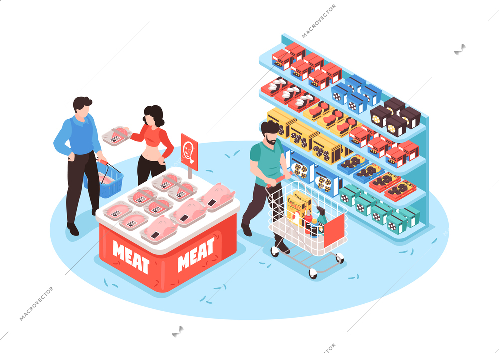 Isometric supermarket composition with view of self service store section with goods and people vector illustration