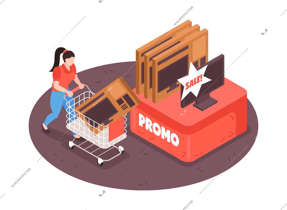 Isometric supermarket composition with view of self service store section with goods and people vector illustration