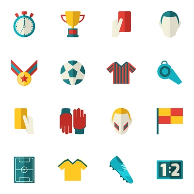 Soccer icons flat set with football layer ball field cup isolated vector illustration