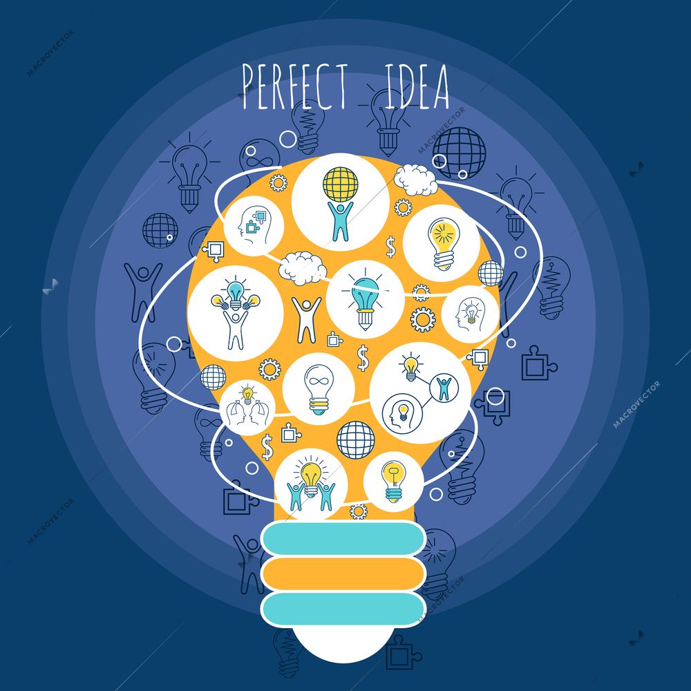 Perfect idea poster with creative innovation thinking symbols in light bulb shape vector illustration