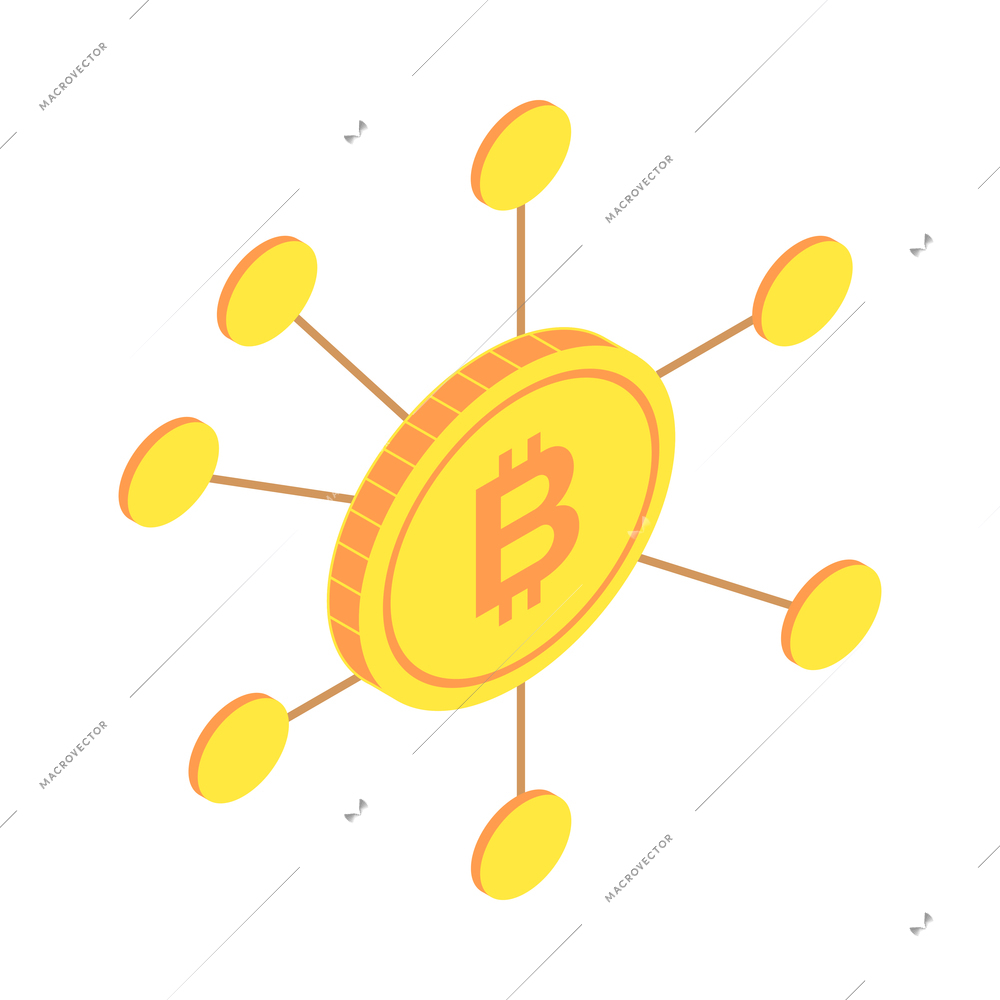 Isometric cryptocurrency composition with isolated images of golden coin and infrastructure elements vector illustration