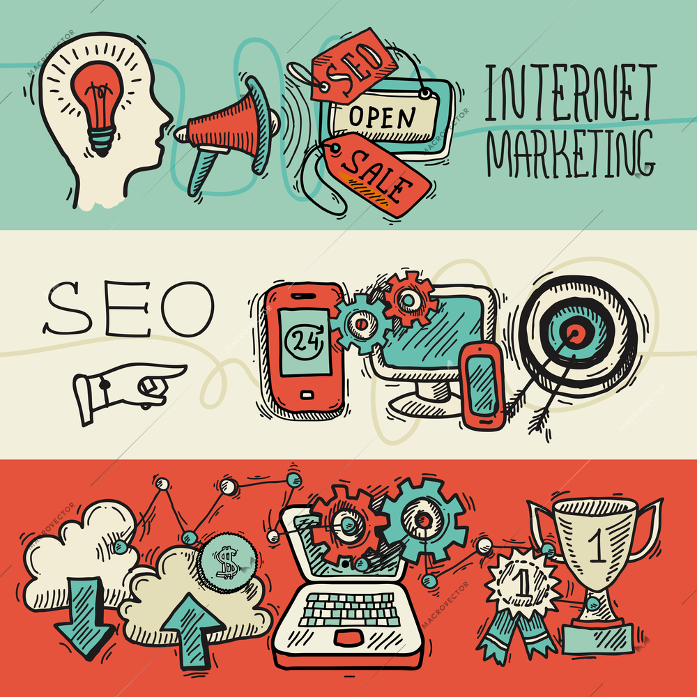 SEO internet marketing banner design concept colored sketch icons set isolated vector illustration