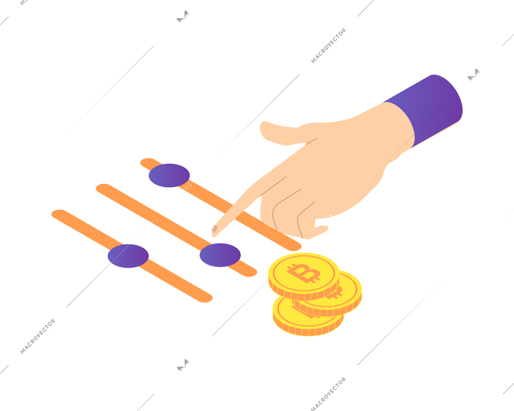 Isometric cryptocurrency composition with isolated images of golden coin and infrastructure elements vector illustration