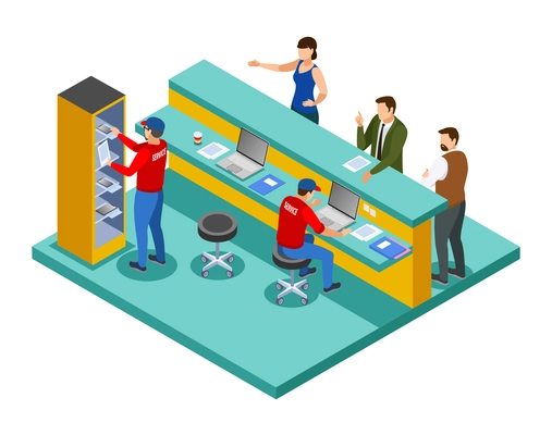 Service centre isometric composition with characters of support service workers with consumer electronics vector illustration