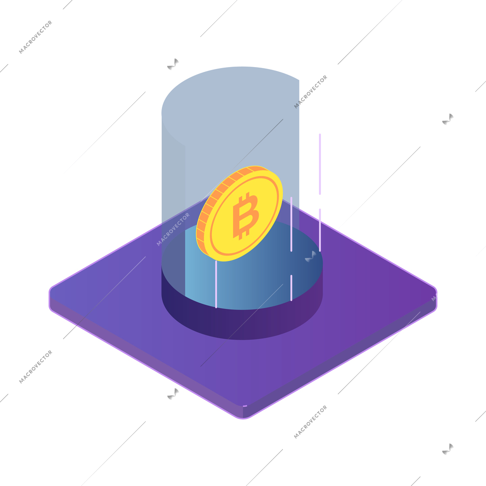 Isometric cryptocurrency composition with isolated images of golden coin and infrastructure elements vector illustration