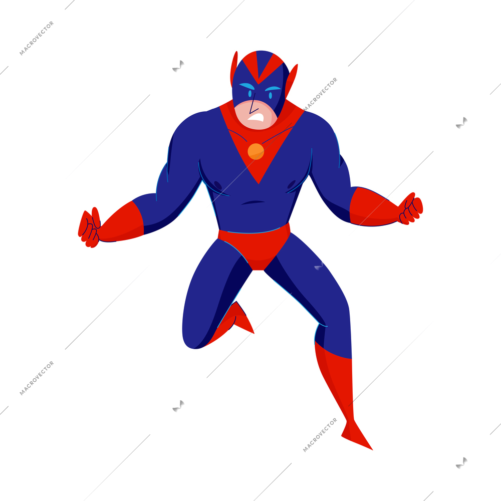 Superhero poses composition with isolated character of colorful hero posture with suit vector illustration