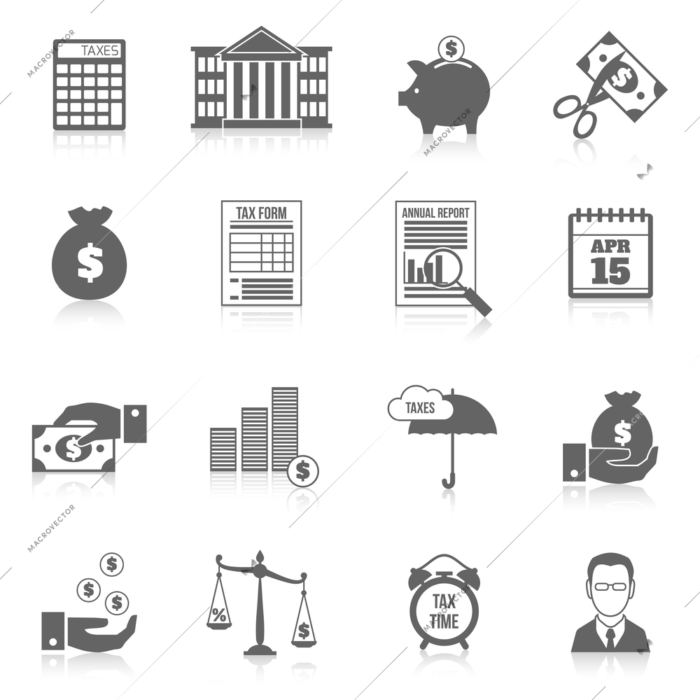 Tax cutting paying reducing symbols black icons set isolated vector illustration