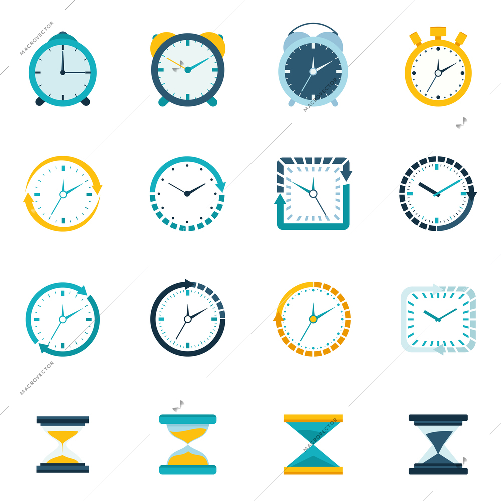 Clock sand watch stopwatch timer icons flat set isolated vector illustration