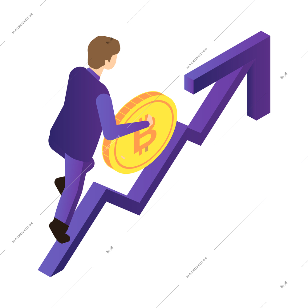 Isometric cryptocurrency composition with isolated images of golden coin and infrastructure elements vector illustration