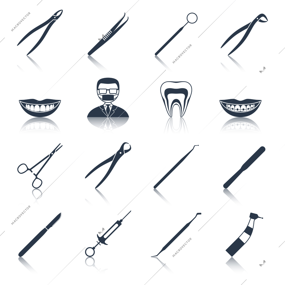 Dental instruments icons set black with health care stomatology accessory isolated vector illustration