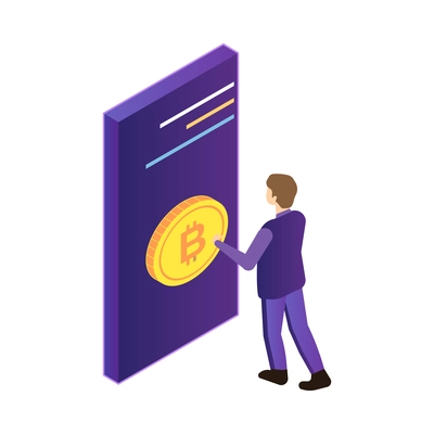 Isometric cryptocurrency composition with isolated images of golden coin and infrastructure elements vector illustration