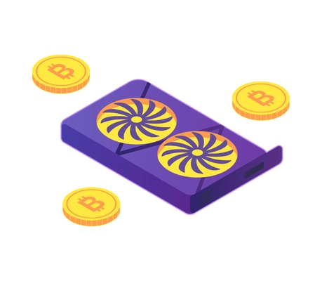 Isometric cryptocurrency composition with isolated images of golden coin and infrastructure elements vector illustration