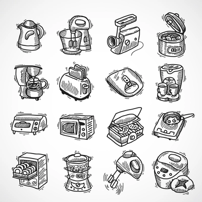 Kitchen equipment and appliances sketch decorative icons set with toaster coffee machine blender isolated vector illustration