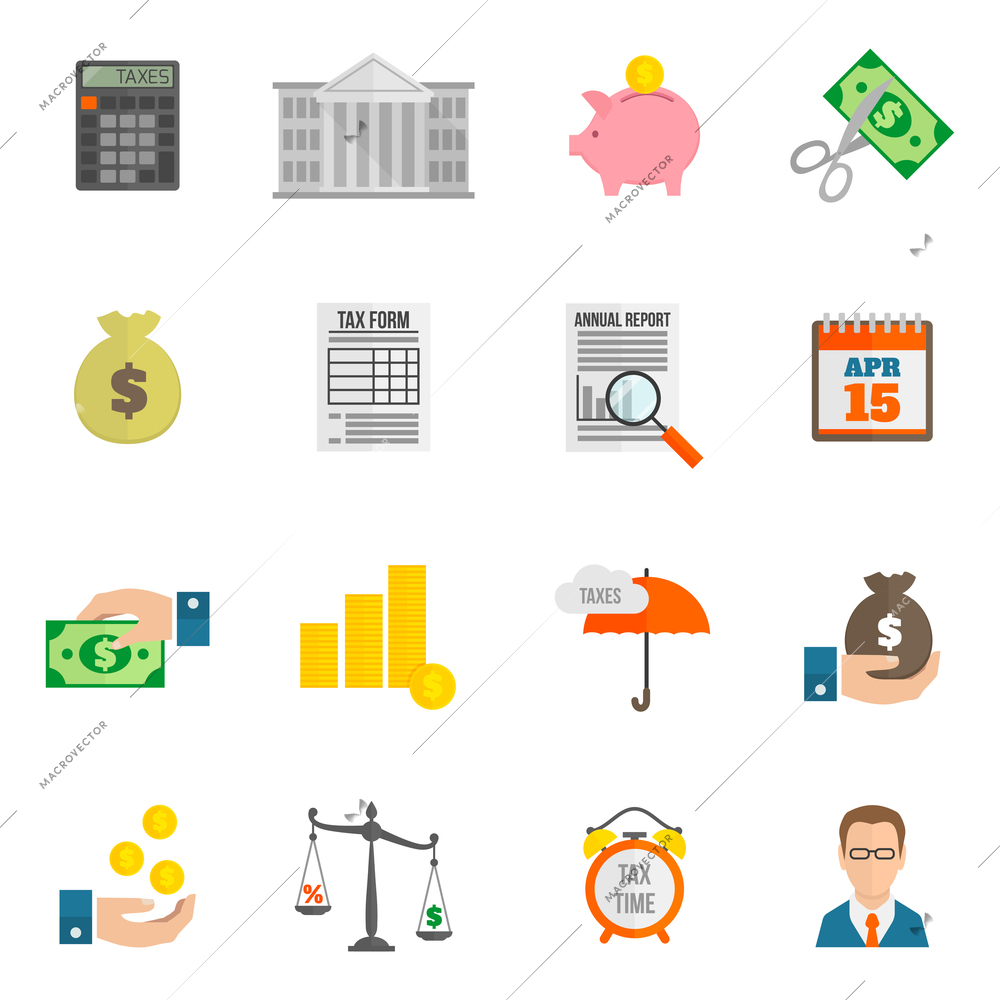 Tax icon flat set with bank building cut fees isolated vector illustration