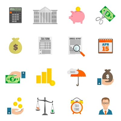 Tax icon flat set with bank building cut fees isolated vector illustration