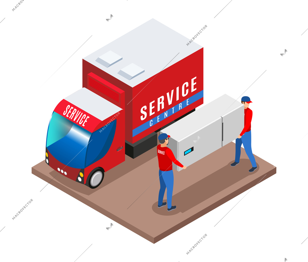 Service centre isometric composition with characters of support service workers with consumer electronics vector illustration