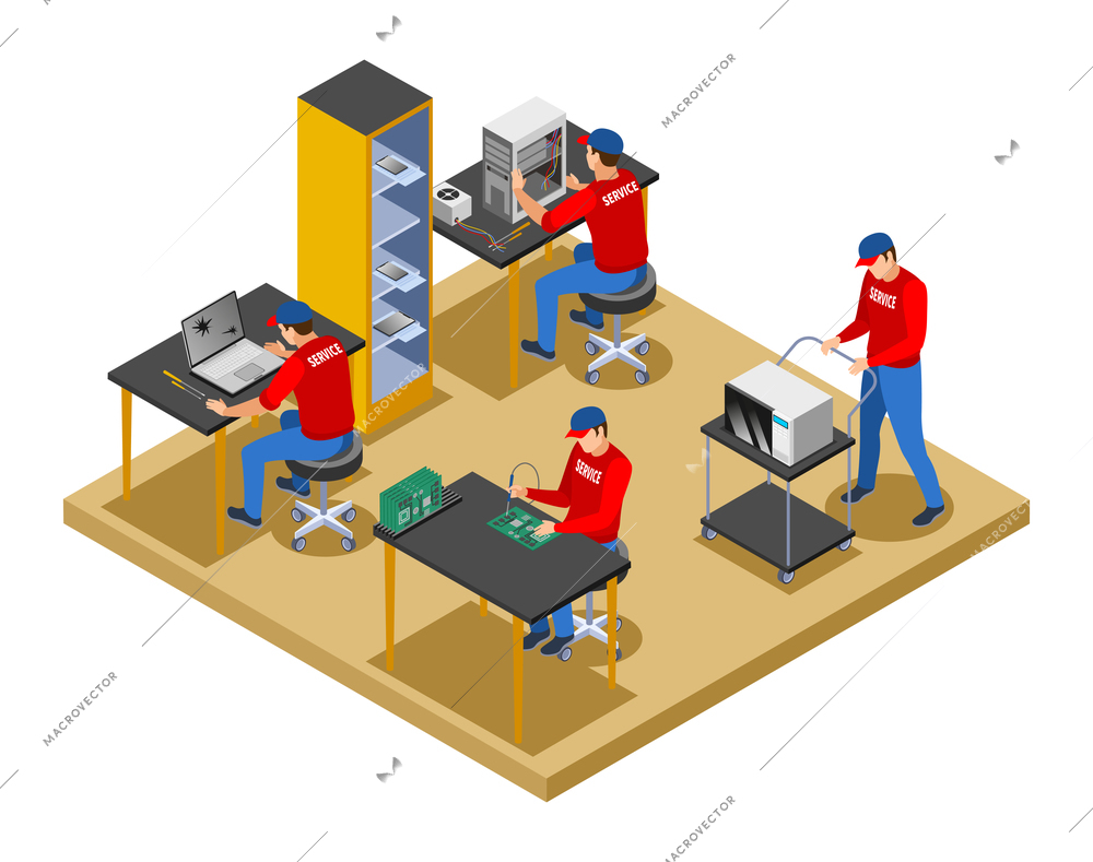 Service centre isometric composition with characters of support service workers with consumer electronics vector illustration