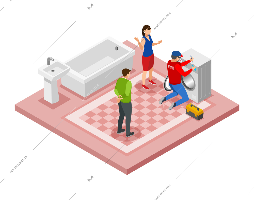 Service centre isometric composition with characters of support service workers with consumer electronics vector illustration