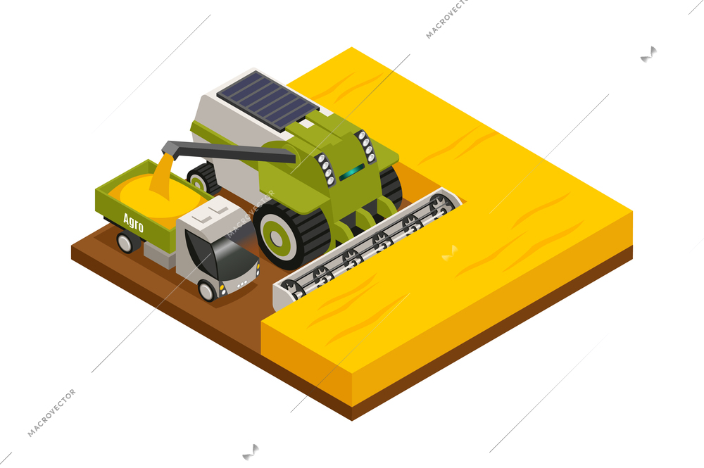 Agricultural robots isometric composition with hoeing plowing planting watering fertilizing and harvesting machinery vector illustration
