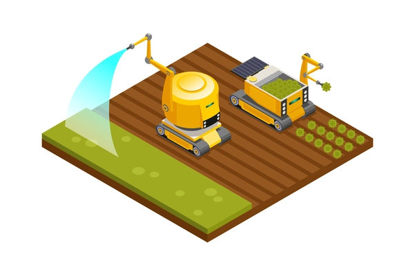 Agricultural robots isometric composition with hoeing plowing planting watering fertilizing and harvesting machinery vector illustration