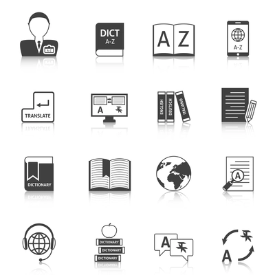 Official documents translation for legal equivalence and online english dictionary black icons collection abstract isolated vector illustration