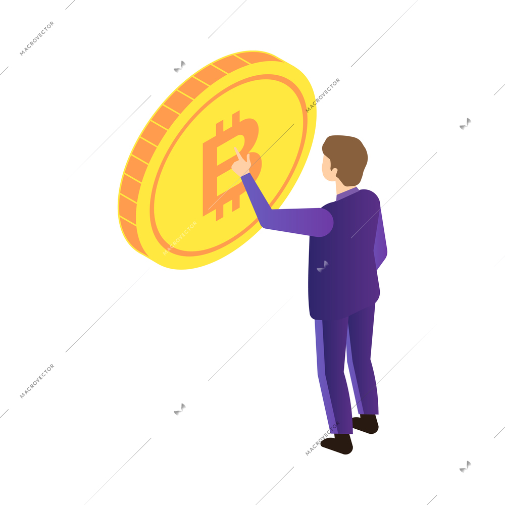 Isometric cryptocurrency composition with isolated images of golden coin and infrastructure elements vector illustration