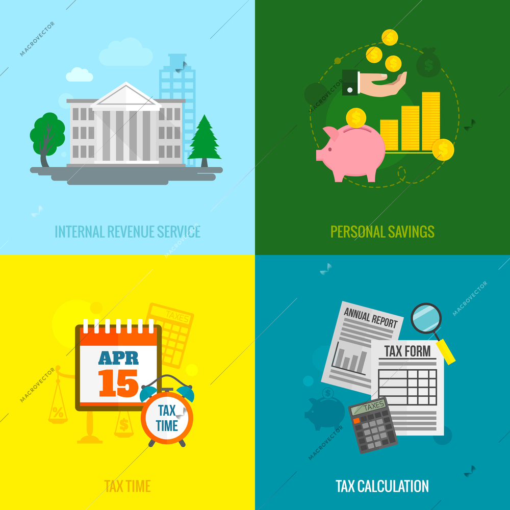 Tax flat icons set with internal revenue service personal savings time calculation isolated vector illustration