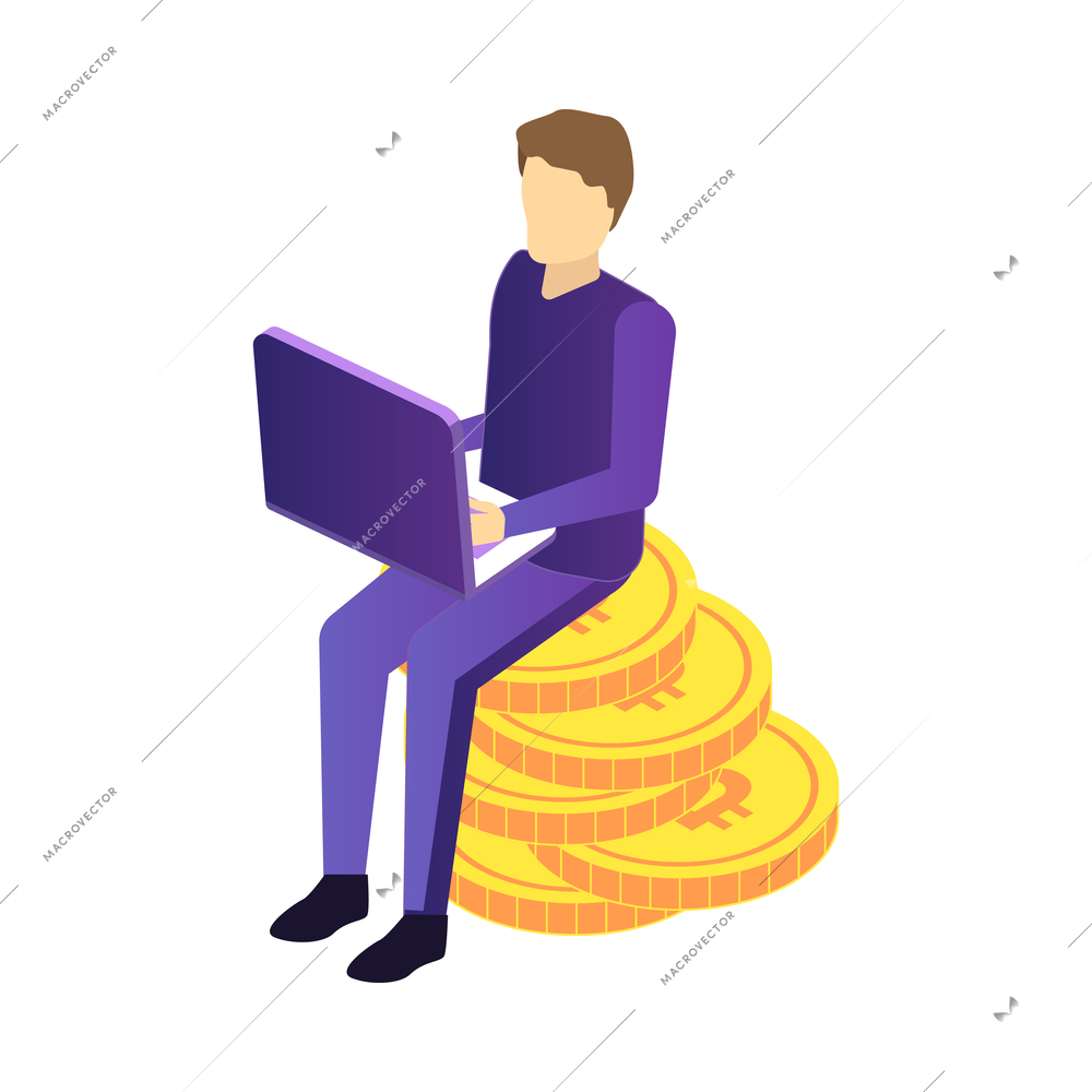 Isometric cryptocurrency composition with isolated images of golden coin and infrastructure elements vector illustration