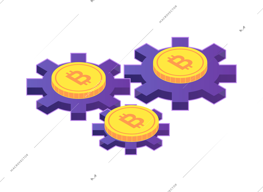 Isometric cryptocurrency composition with isolated images of golden coin and infrastructure elements vector illustration