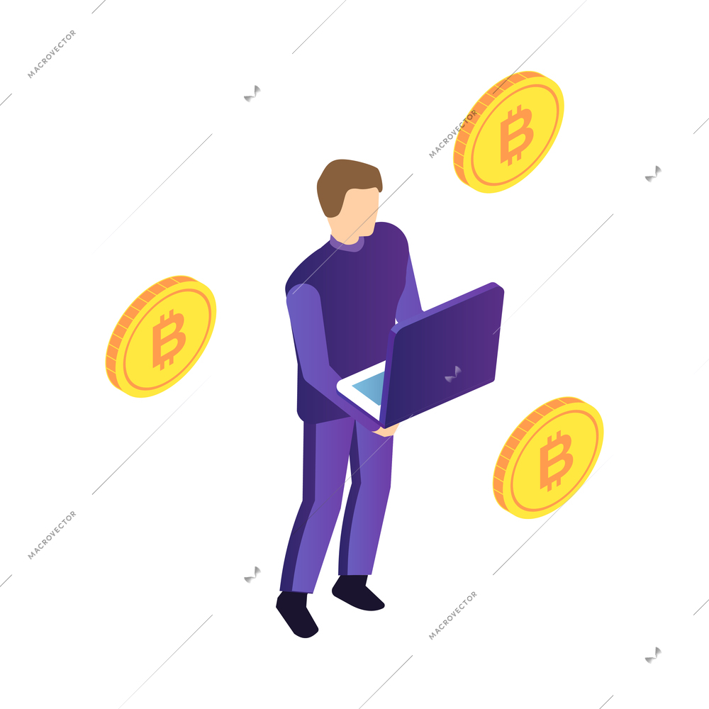 Isometric cryptocurrency composition with isolated images of golden coin and infrastructure elements vector illustration