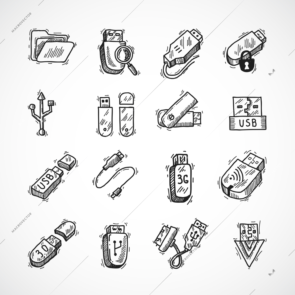 Usb drive computer information technology decorative icons sketch set isolated vector illustration