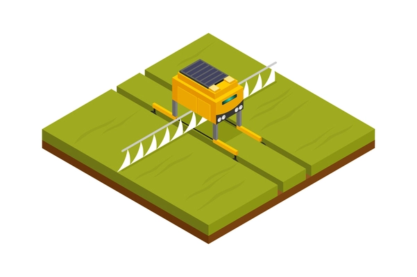 Agricultural robots isometric composition with hoeing plowing planting watering fertilizing and harvesting machinery vector illustration