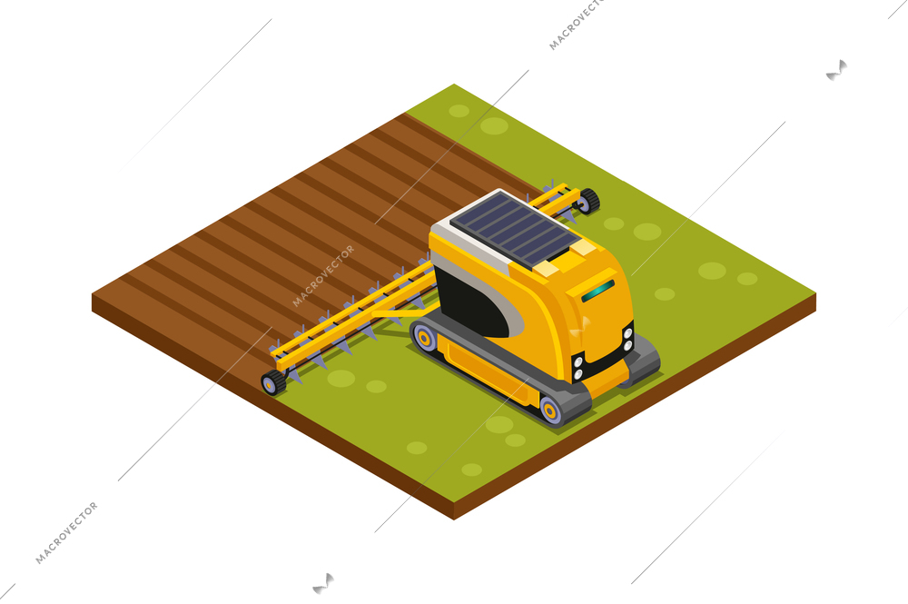 Agricultural robots isometric composition with hoeing plowing planting watering fertilizing and harvesting machinery vector illustration