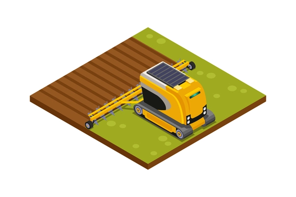 Agricultural robots isometric composition with hoeing plowing planting watering fertilizing and harvesting machinery vector illustration