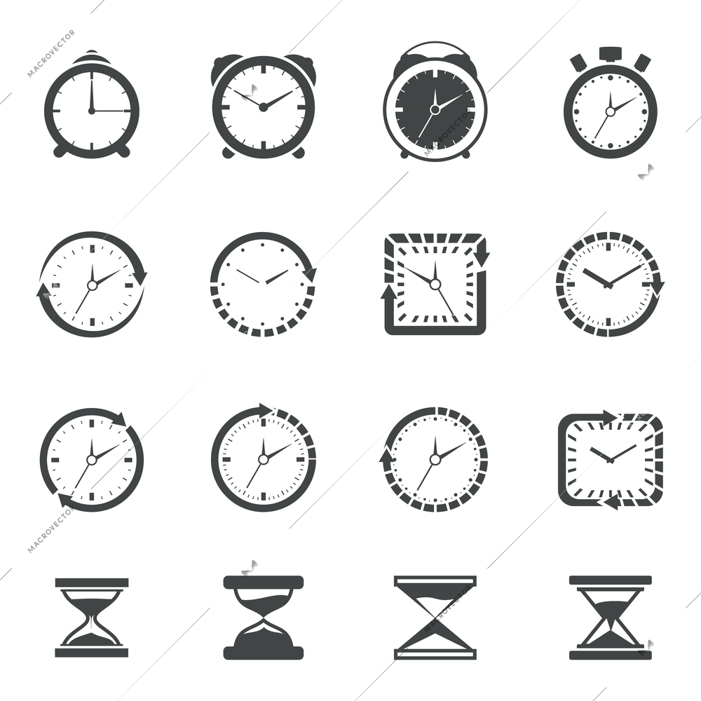 Alarm clock old sand watch stopwatch timer icons black set isolated vector illustration