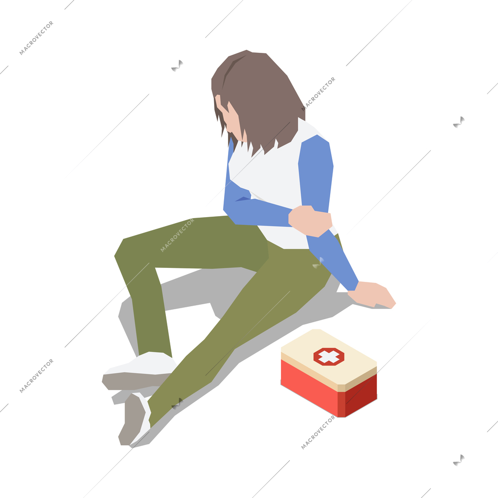 Injured people first aid isometric composition with isolated human character of injured person vector illustration