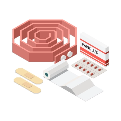 Injured people first aid isometric composition with isolated images of medical equipment vector illustration
