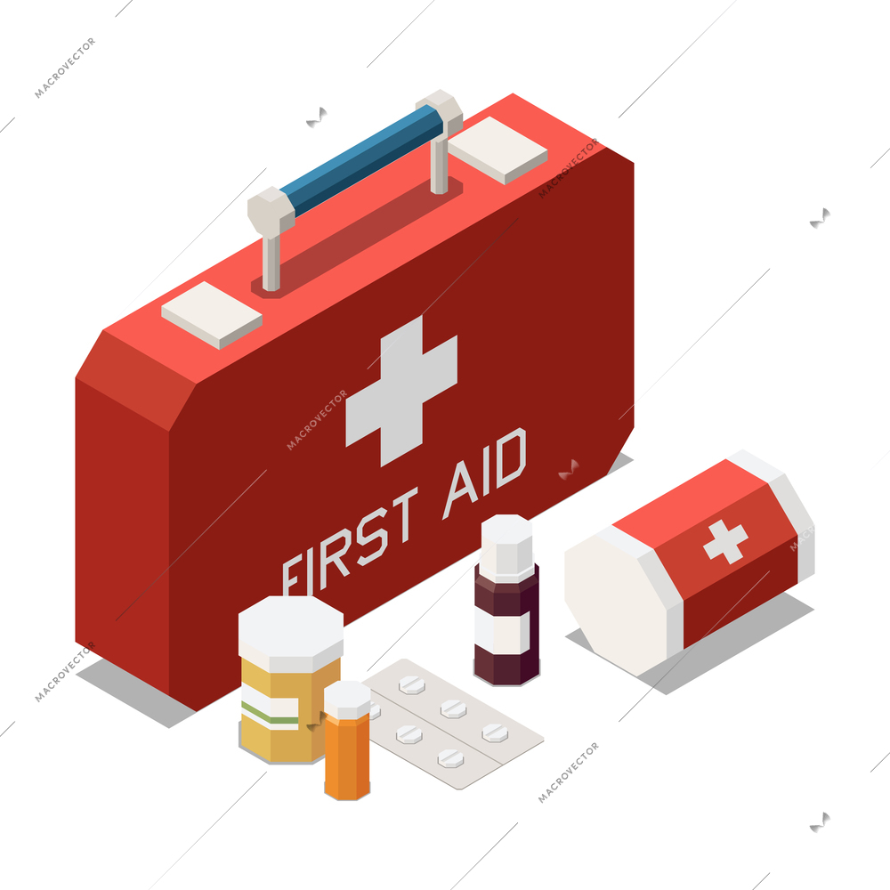 Injured people first aid isometric composition with isolated images of medical equipment vector illustration