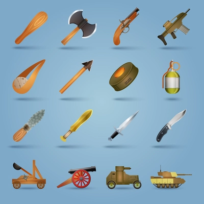 Weapon icons set with gun shotgun grenade tank stun isolated vector illustration