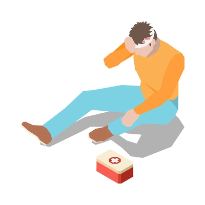 Injured people first aid isometric composition with isolated human character of injured person vector illustration